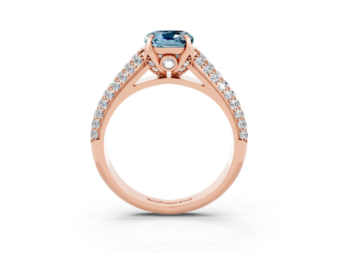 Rose gold Cushion Cut Aquamarine Solitaire Ring with Three-Row Pavé Band and Four-Prong Setting_15