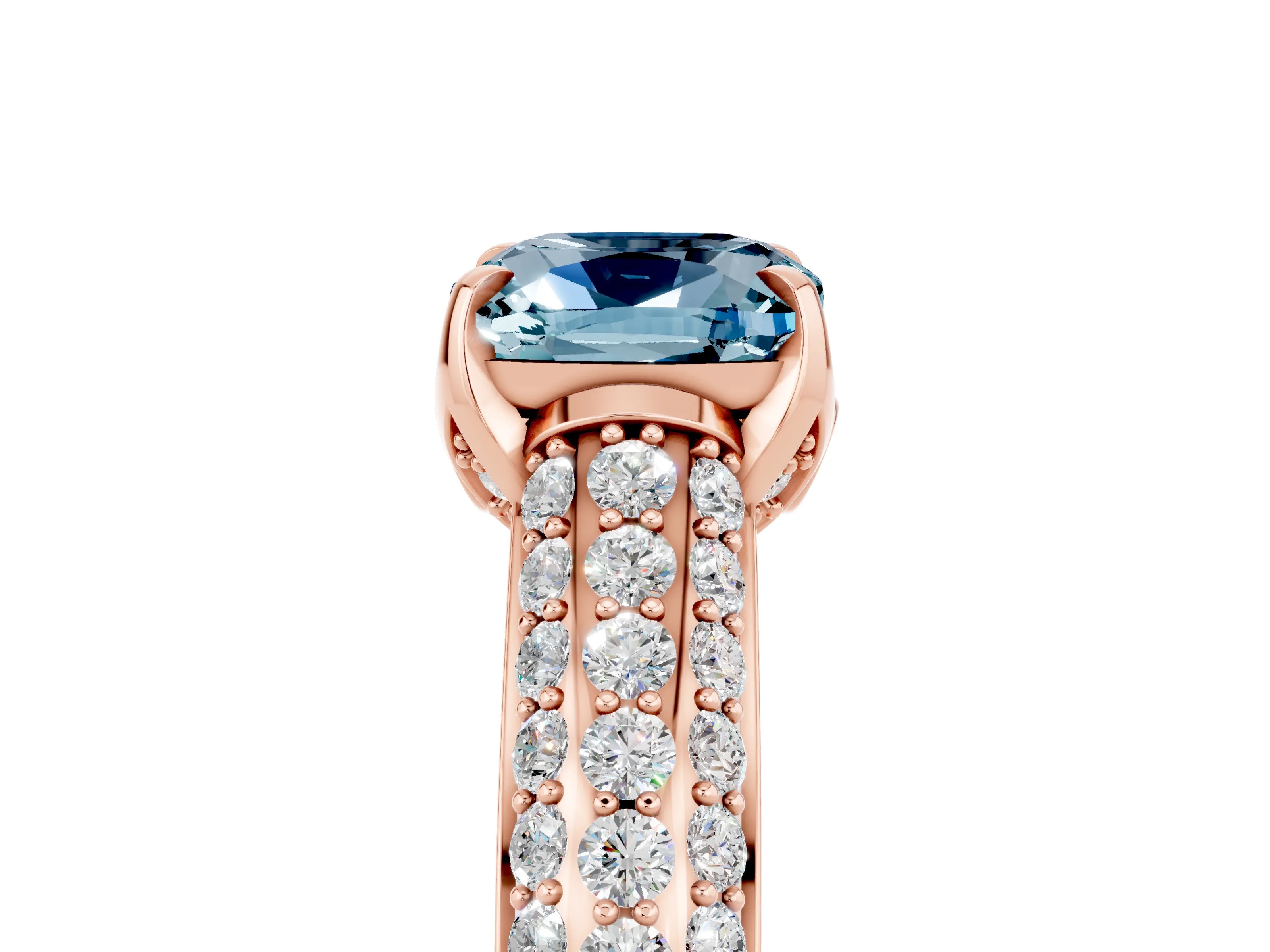 Rose gold Cushion Cut Aquamarine Solitaire Ring with Three-Row Pavé Band and Four-Prong Setting_17