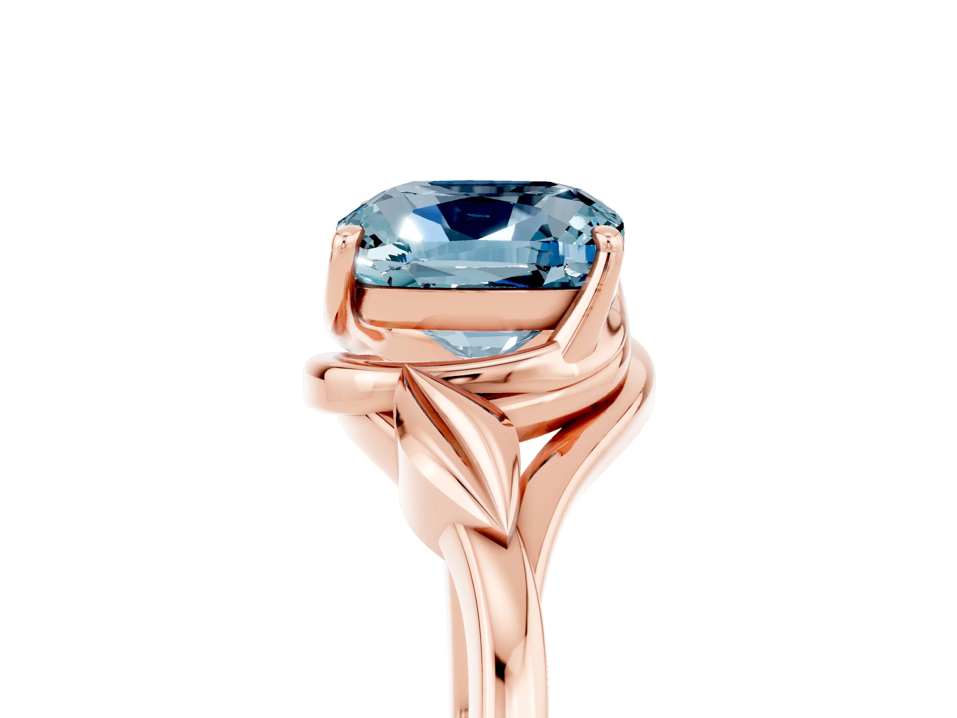 Rose gold Cushion Cut Aquamarine Solitaire Ring with Twist Band and Four-Prong Setting_29