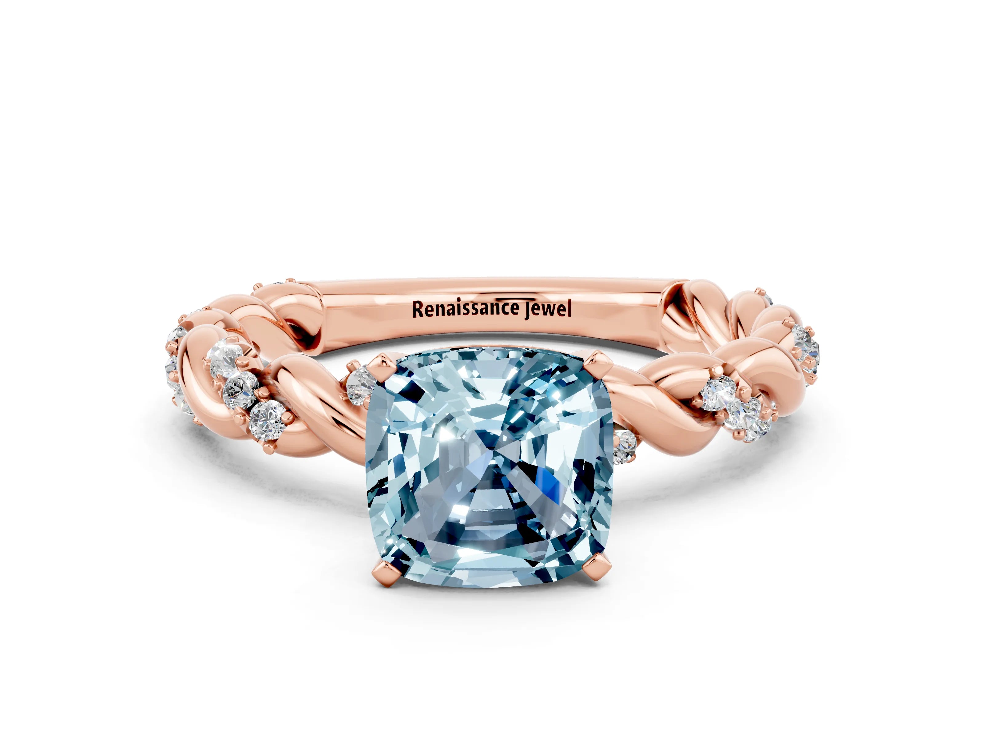 Rose gold Cushion Cut Aquamarine Solitaire Ring with Twisted Band and Pavé Accents