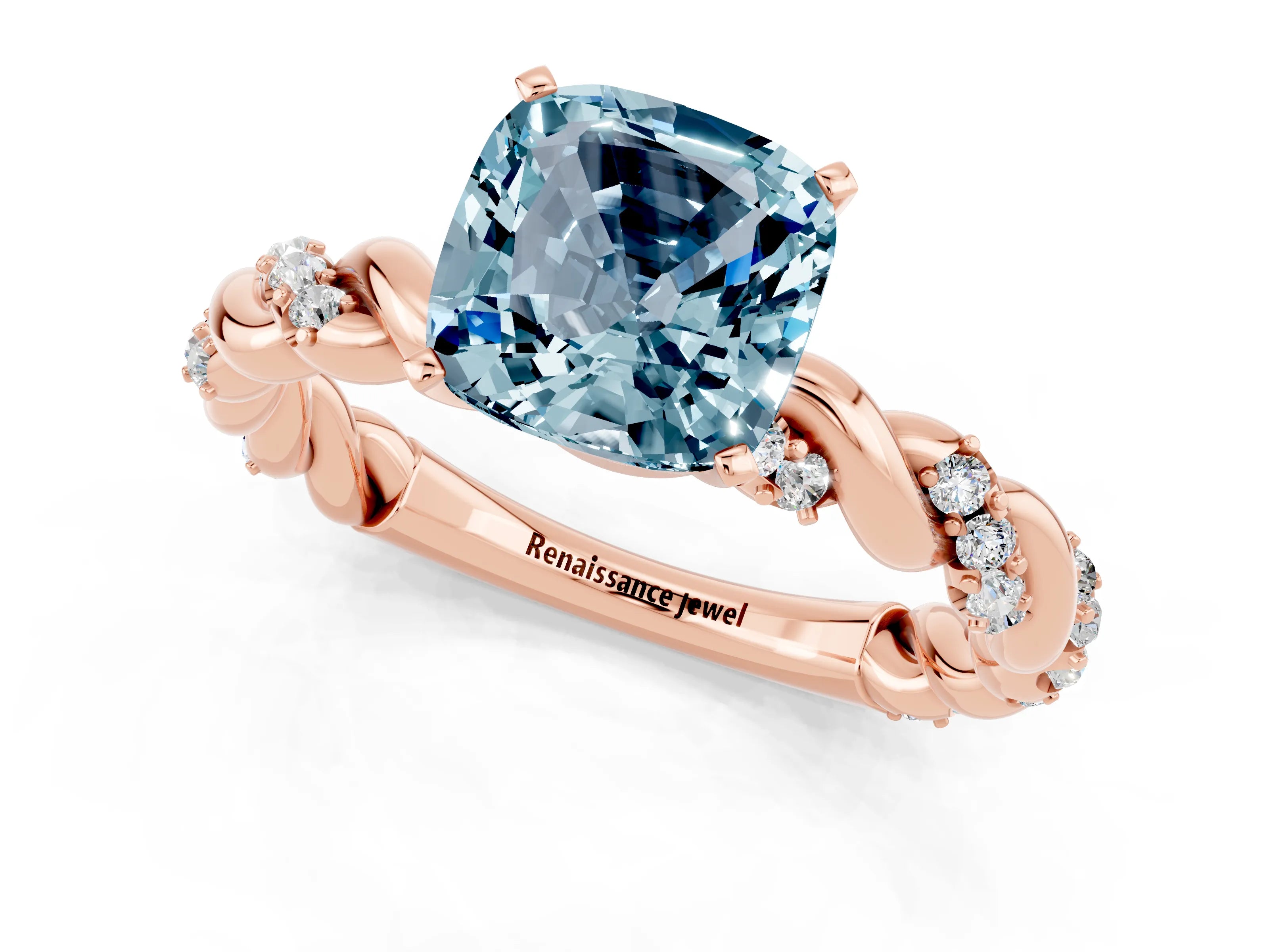 Rose gold Cushion Cut Aquamarine Solitaire Ring with Twisted Band and Pavé Accents_1
