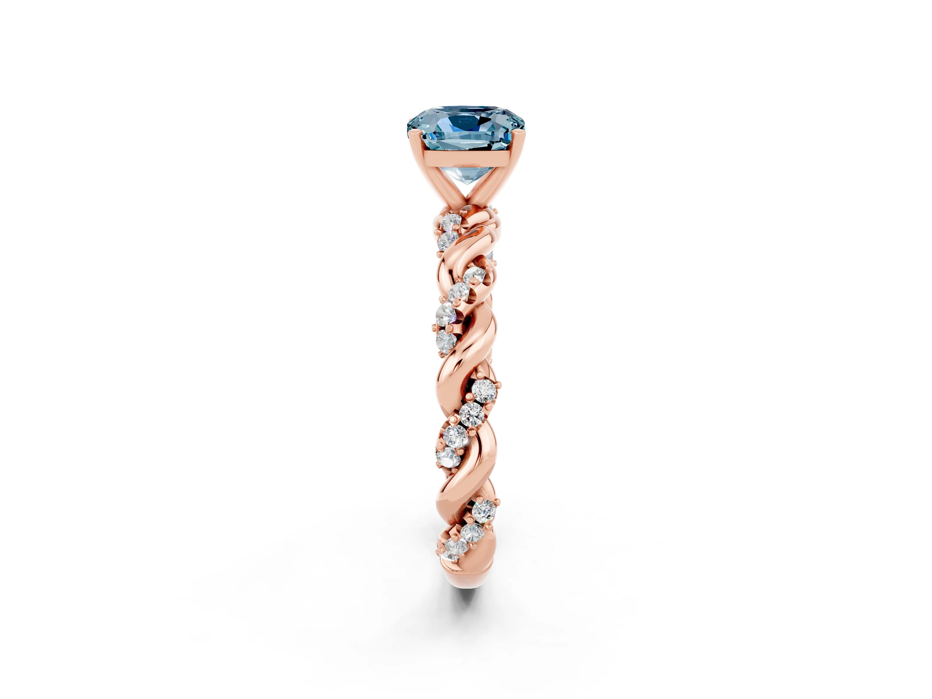 Rose gold Cushion Cut Aquamarine Solitaire Ring with Twisted Band and Pavé Accents_2