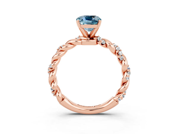 Rose gold Cushion Cut Aquamarine Solitaire Ring with Twisted Band and Pavé Accents