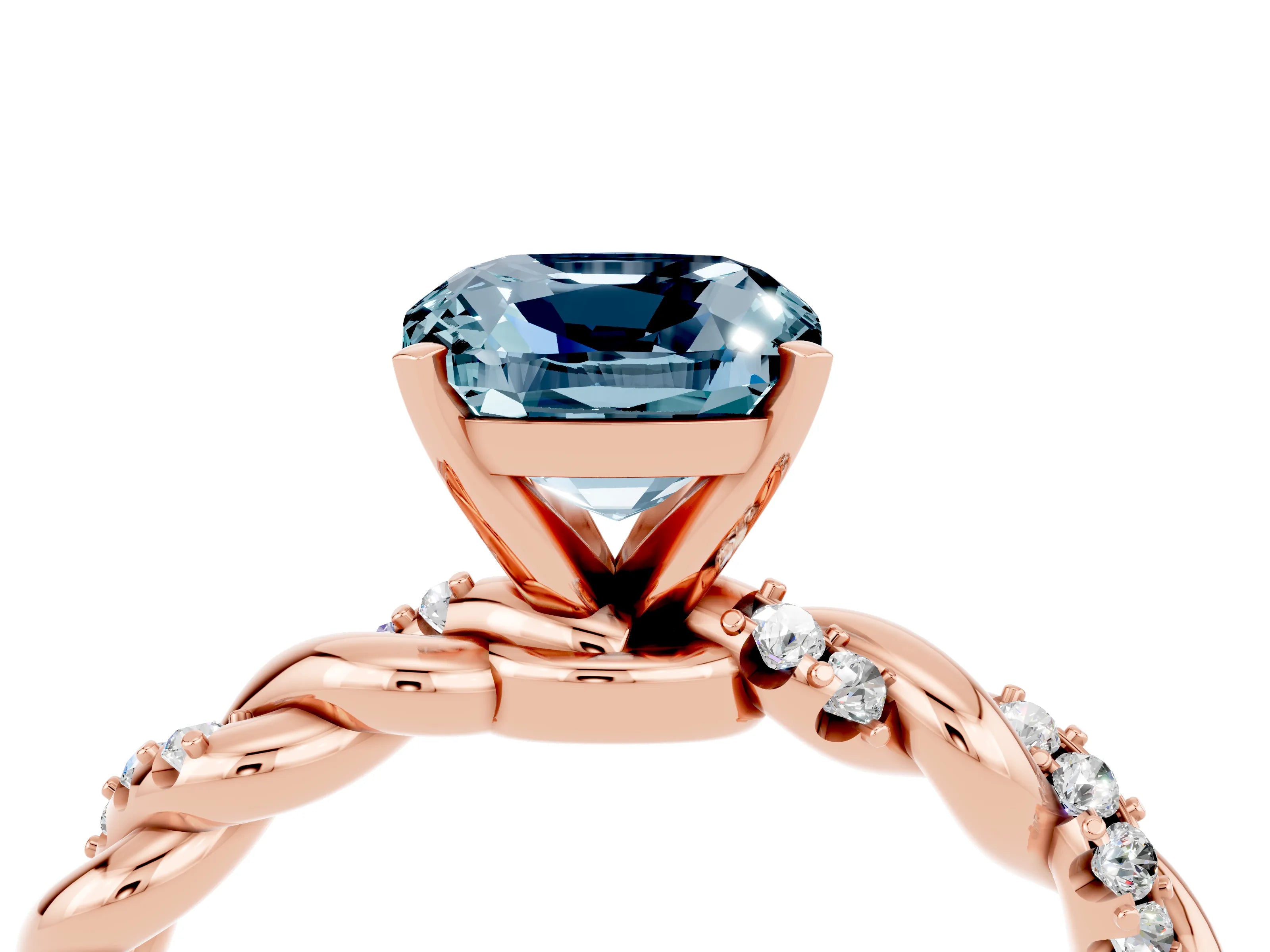 Rose gold Cushion Cut Aquamarine Solitaire Ring with Twisted Band and Pavé Accents_4