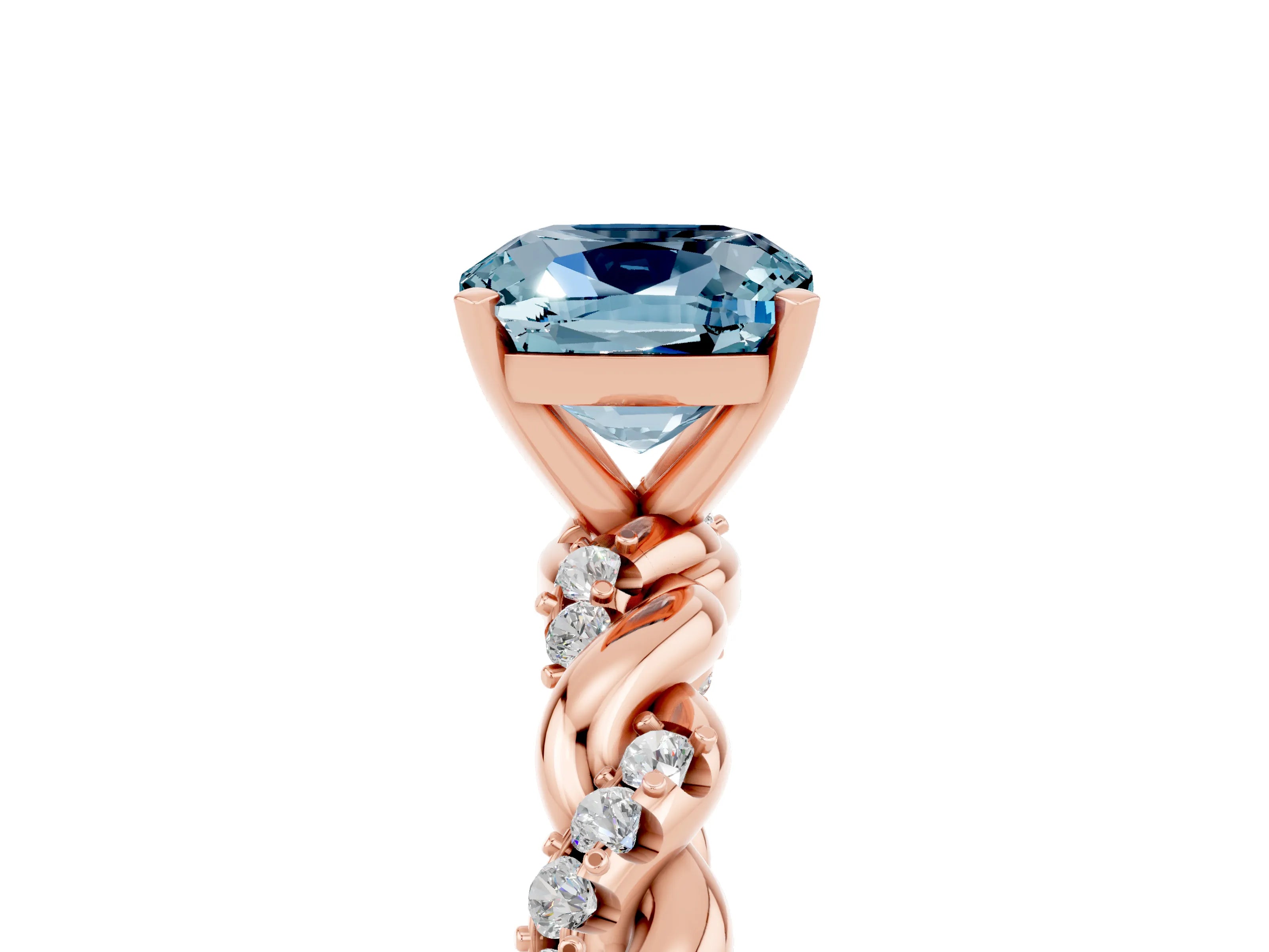 Rose gold Cushion Cut Aquamarine Solitaire Ring with Twisted Band and Pavé Accents_5