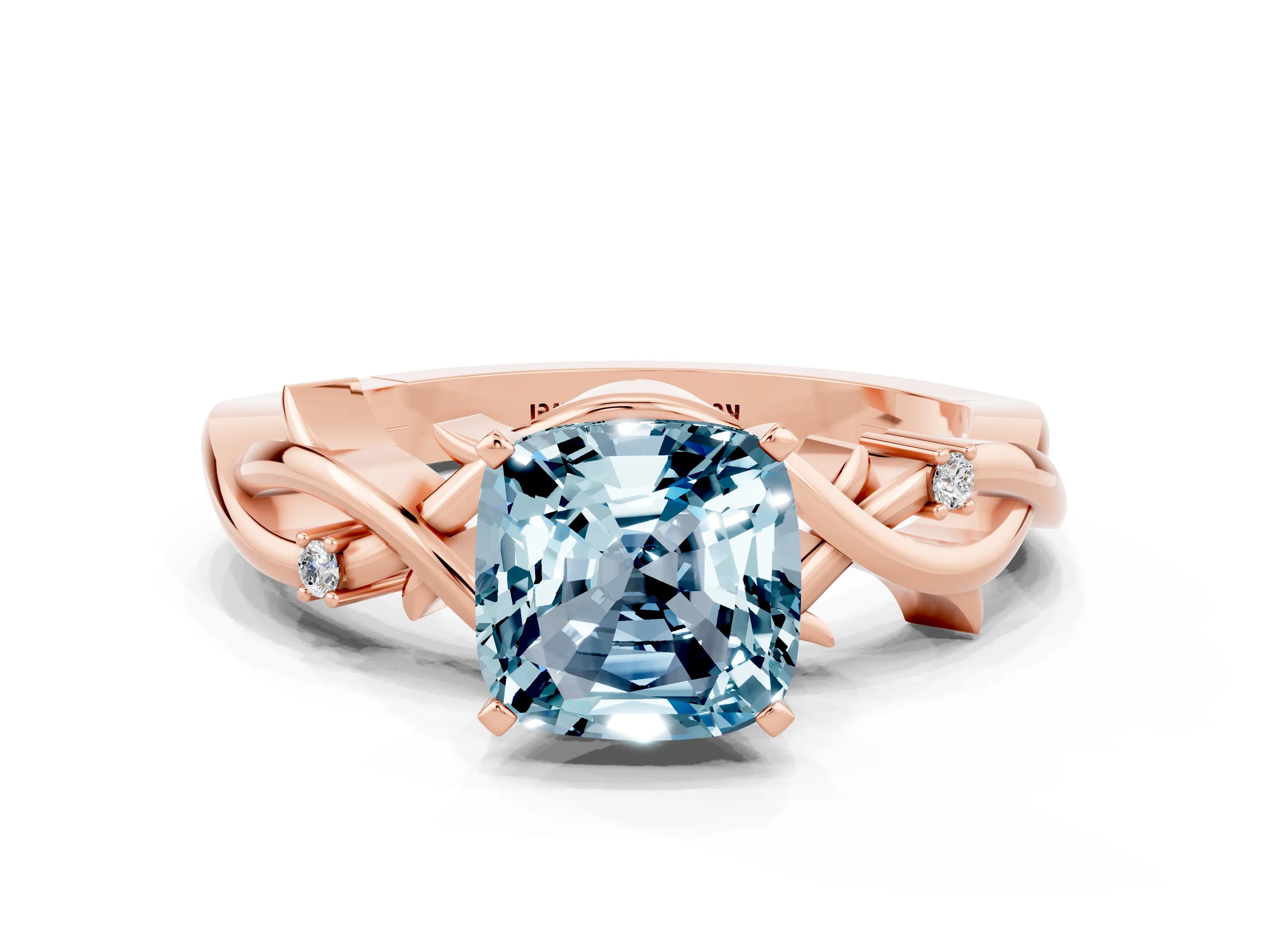 Rose gold Cushion Cut Aquamarine Solitaire Ring with Twisted Band and Prong Setting