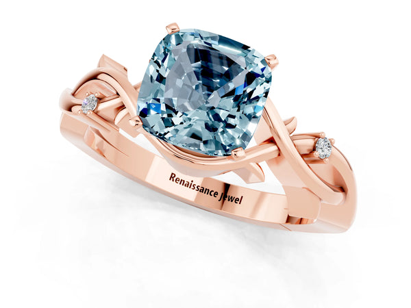 Rose gold Cushion Cut Aquamarine Solitaire Ring with Twisted Band and Prong Setting