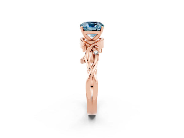 Rose gold Cushion Cut Aquamarine Solitaire Ring with Twisted Band and Prong Setting