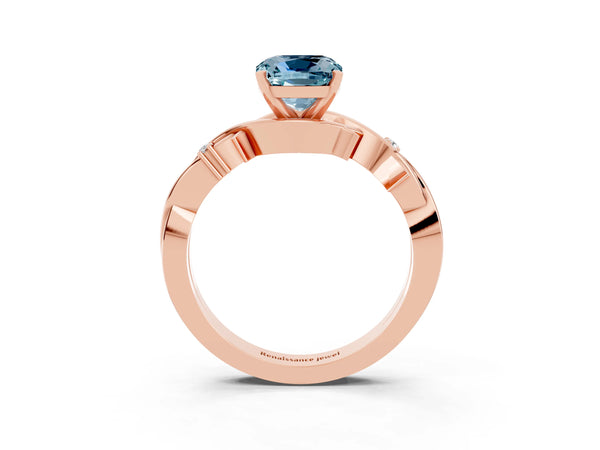 Rose gold Cushion Cut Aquamarine Solitaire Ring with Twisted Band and Prong Setting