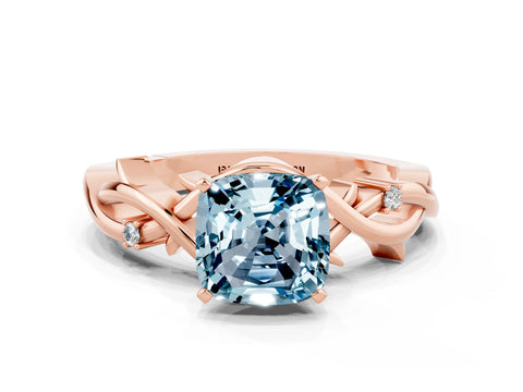 Rose gold Cushion Cut Aquamarine Solitaire Ring with Twisted Band and Prong Setting