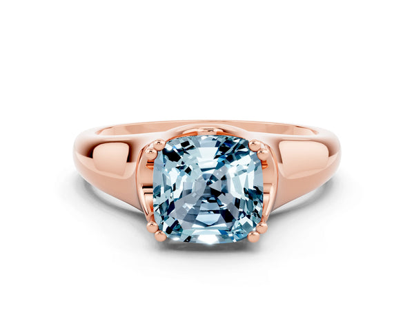Rose gold Cushion Cut Aquamarine Solitaire Ring with Wide Band and Prong Setting
