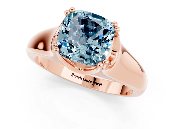 Rose gold Cushion Cut Aquamarine Solitaire Ring with Wide Band and Prong Setting