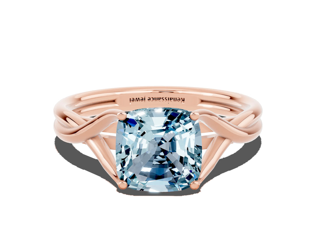 Rose gold Cushion Cut Aquamarine Solitaire Twist Band Prong Setting Ring_48