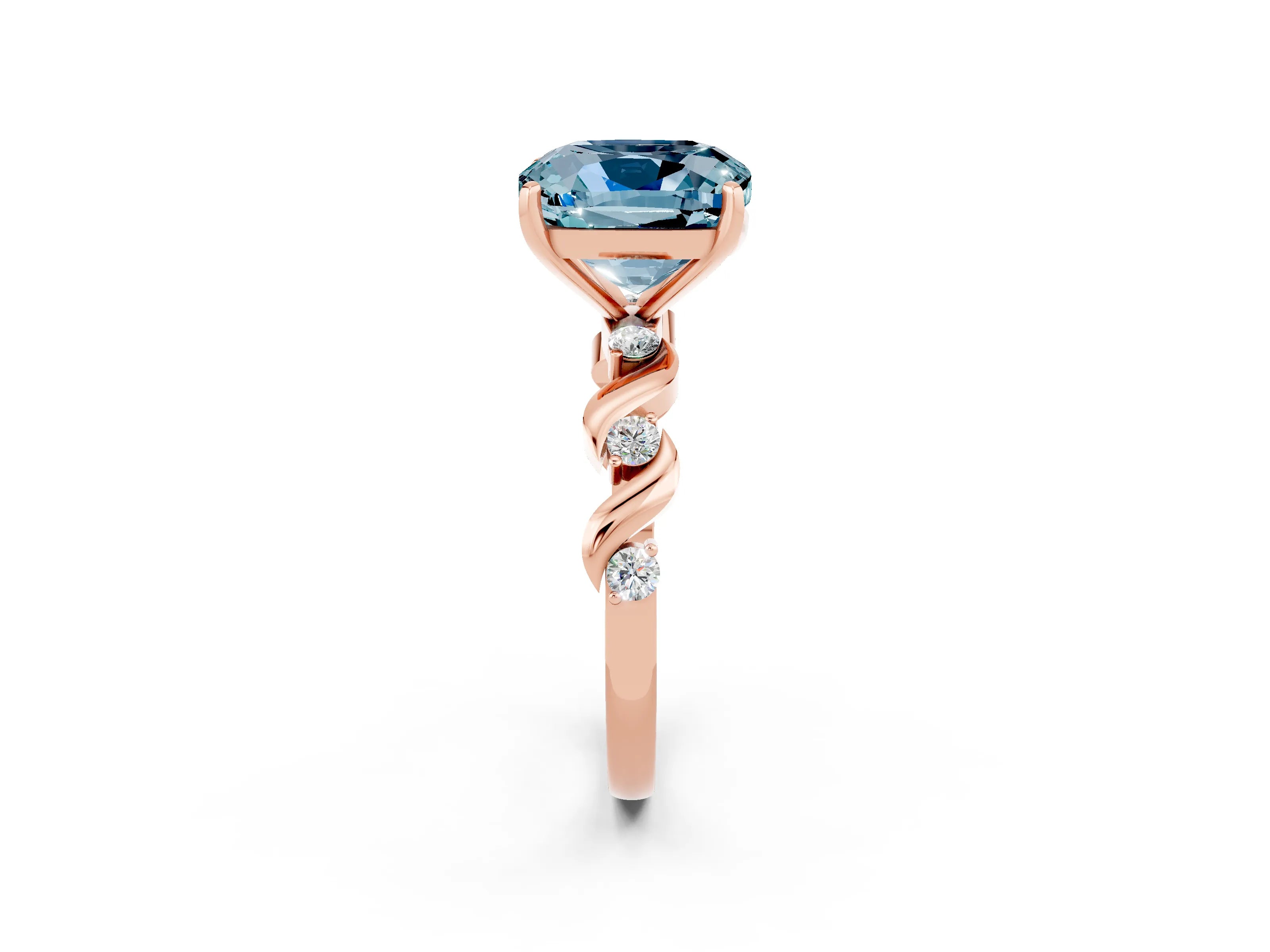 Rose gold Cushion Cut Aquamarine Solitaire Twisted Band with Round  Accents and Prong Setting_14
