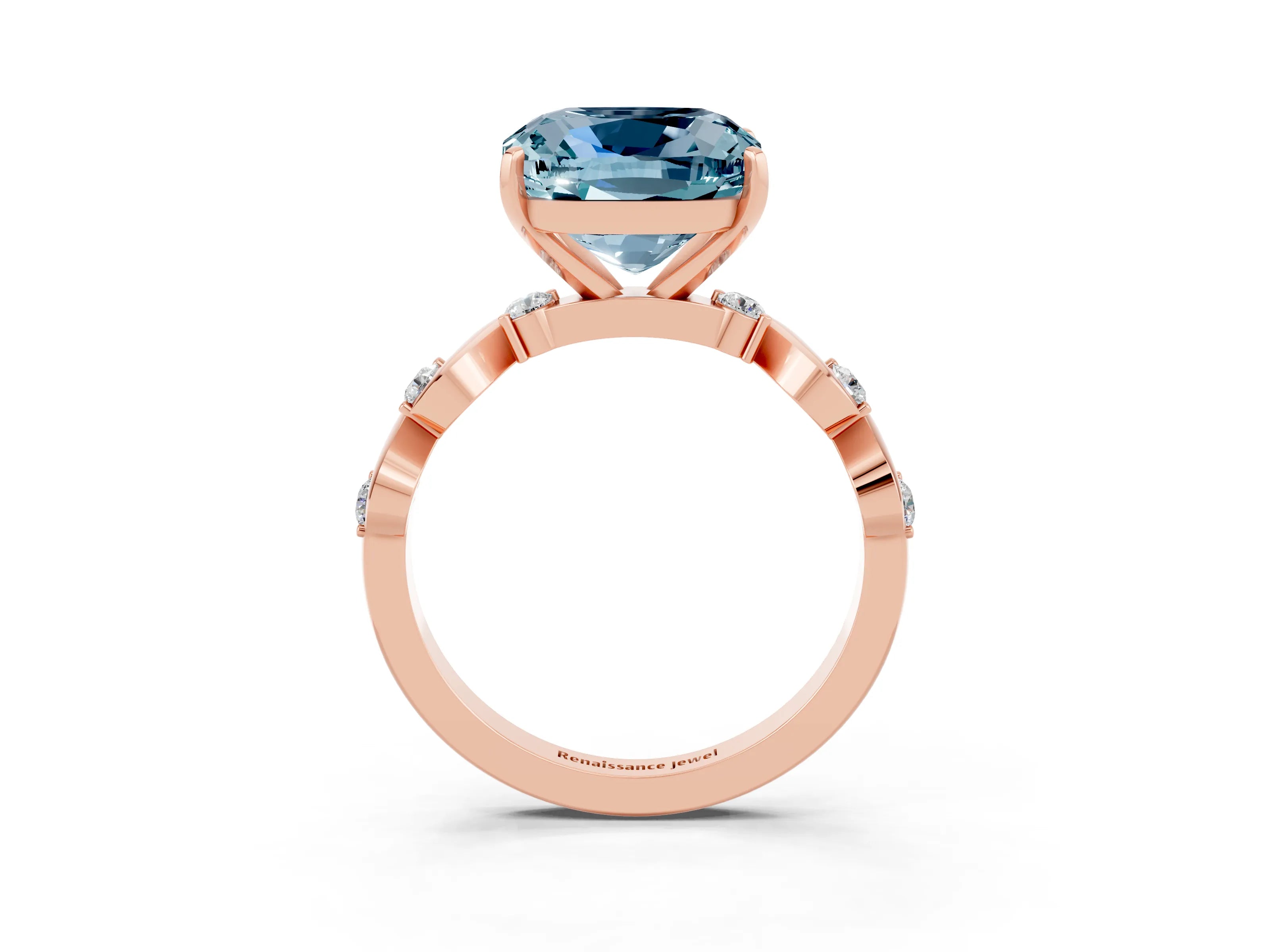 Rose gold Cushion Cut Aquamarine Solitaire Twisted Band with Round  Accents and Prong Setting_15