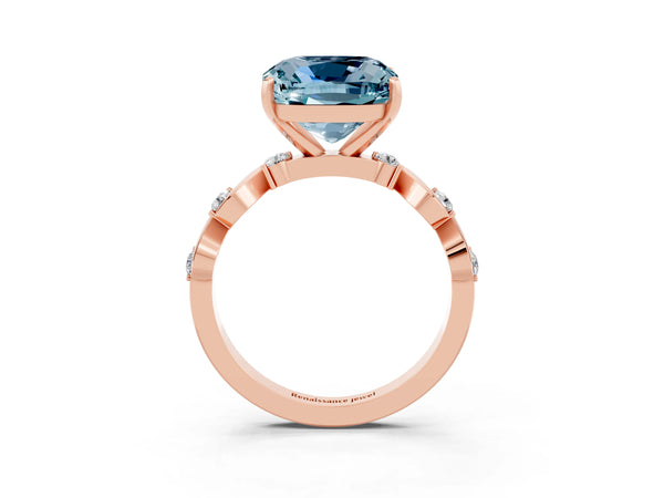 Rose gold Cushion Cut Aquamarine Solitaire Twisted Band with Round  Accents and Prong Setting