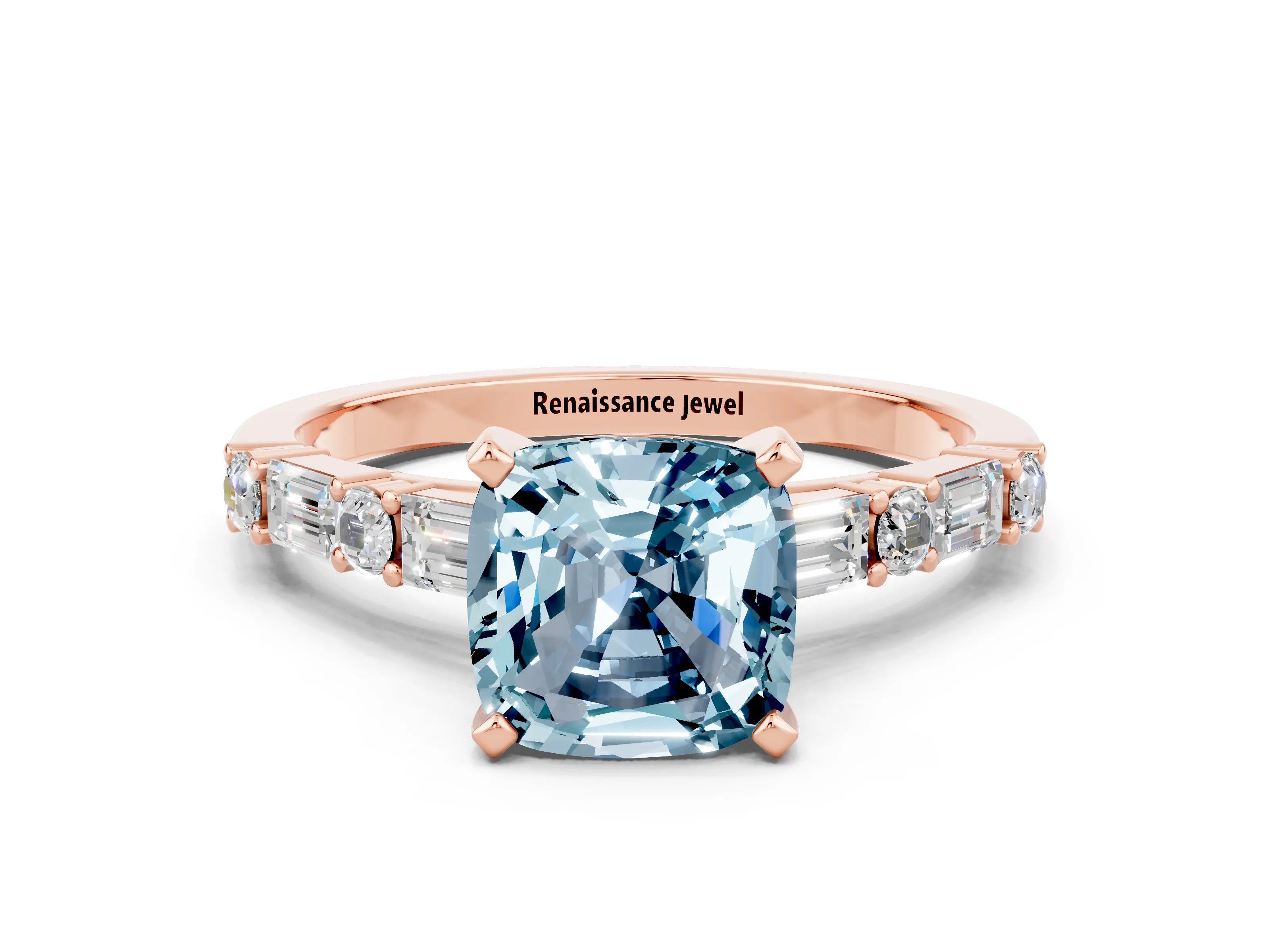 Rose gold Cushion Cut Aquamarine Solitaire with Side Baguettes and Channel Set Band
