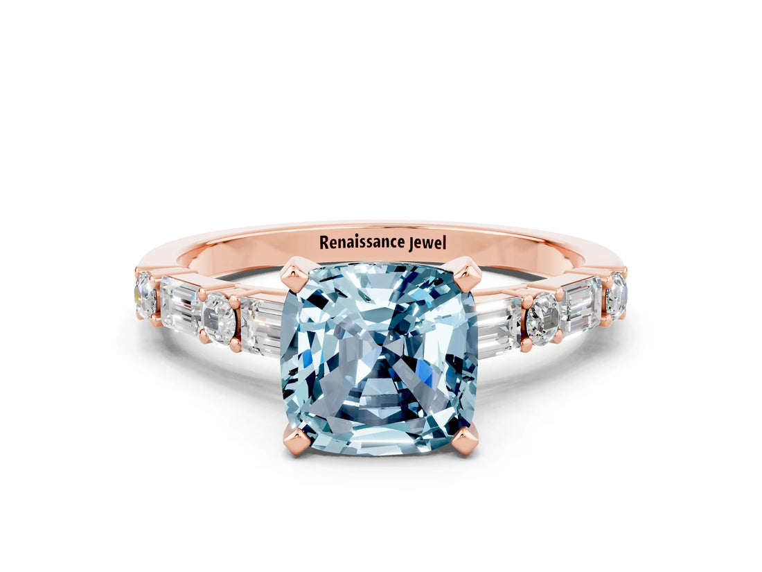 Rose gold Cushion Cut Aquamarine Solitaire with Side Baguettes and Channel Set Band