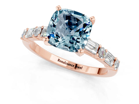 Rose gold Cushion Cut Aquamarine Solitaire with Side Baguettes and Channel Set Band_1