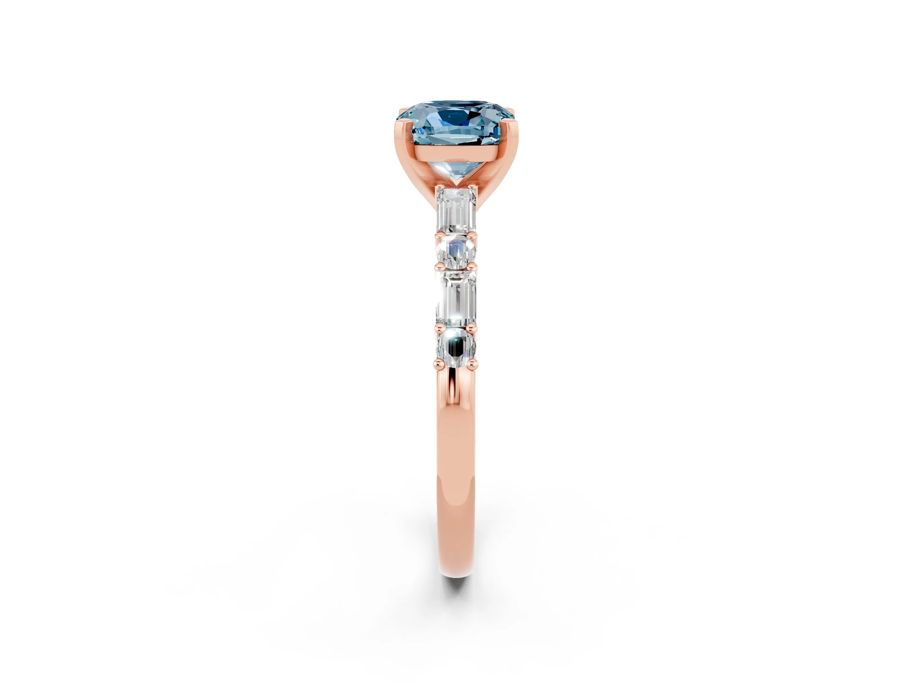 Rose gold Cushion Cut Aquamarine Solitaire with Side Baguettes and Channel Set Band_2