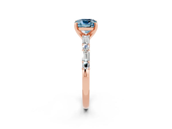 Rose gold Cushion Cut Aquamarine Solitaire with Side Baguettes and Channel Set Band