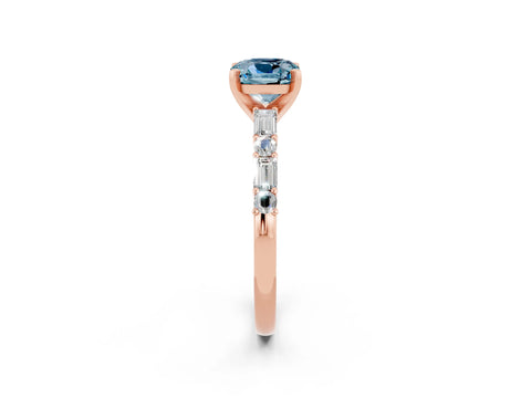 Rose gold Cushion Cut Aquamarine Solitaire with Side Baguettes and Channel Set Band_2