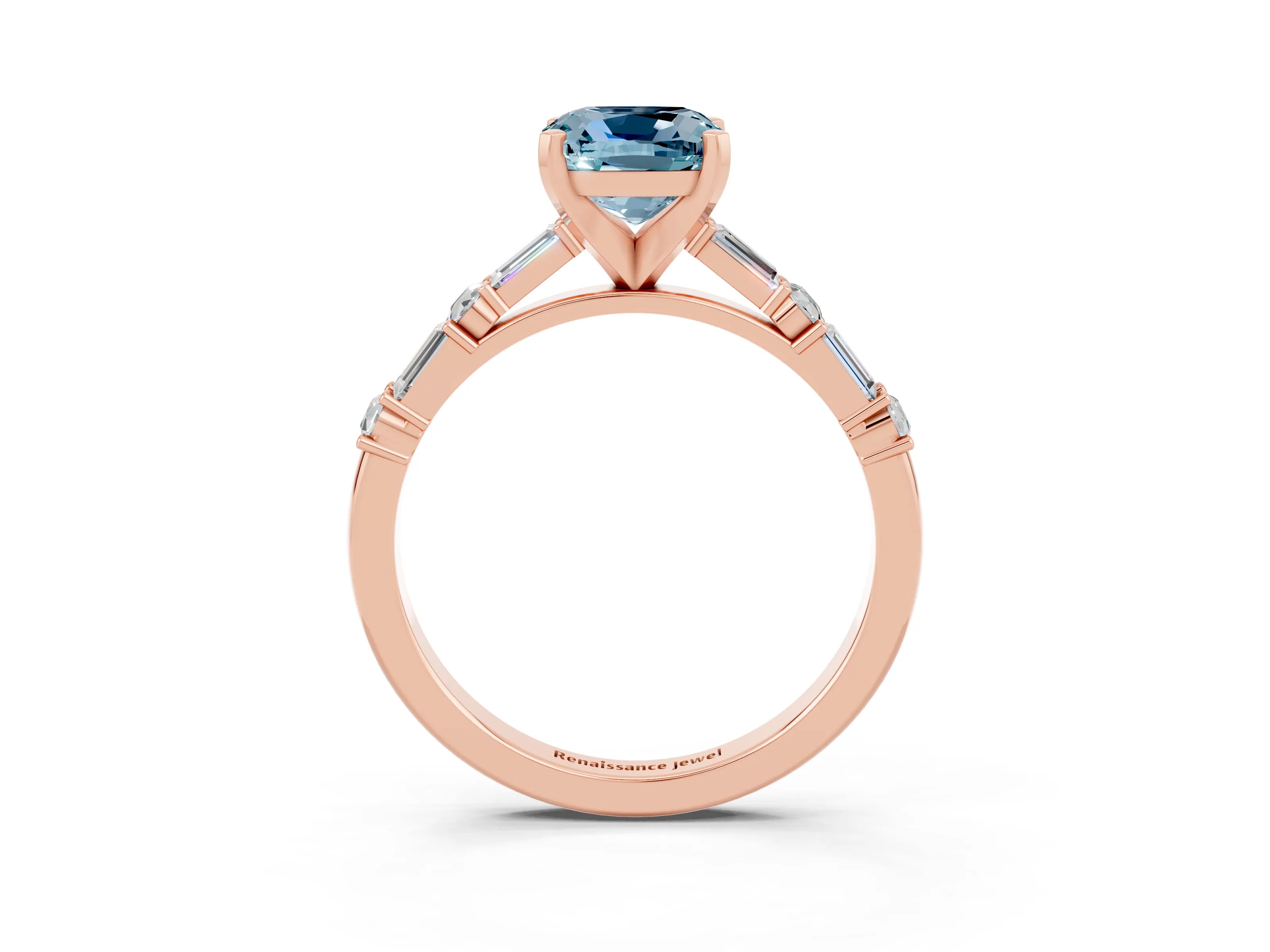 Rose gold Cushion Cut Aquamarine Solitaire with Side Baguettes and Channel Set Band_3