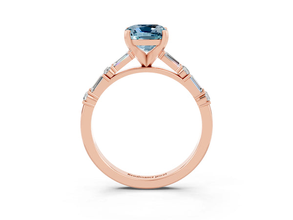Rose gold Cushion Cut Aquamarine Solitaire with Side Baguettes and Channel Set Band