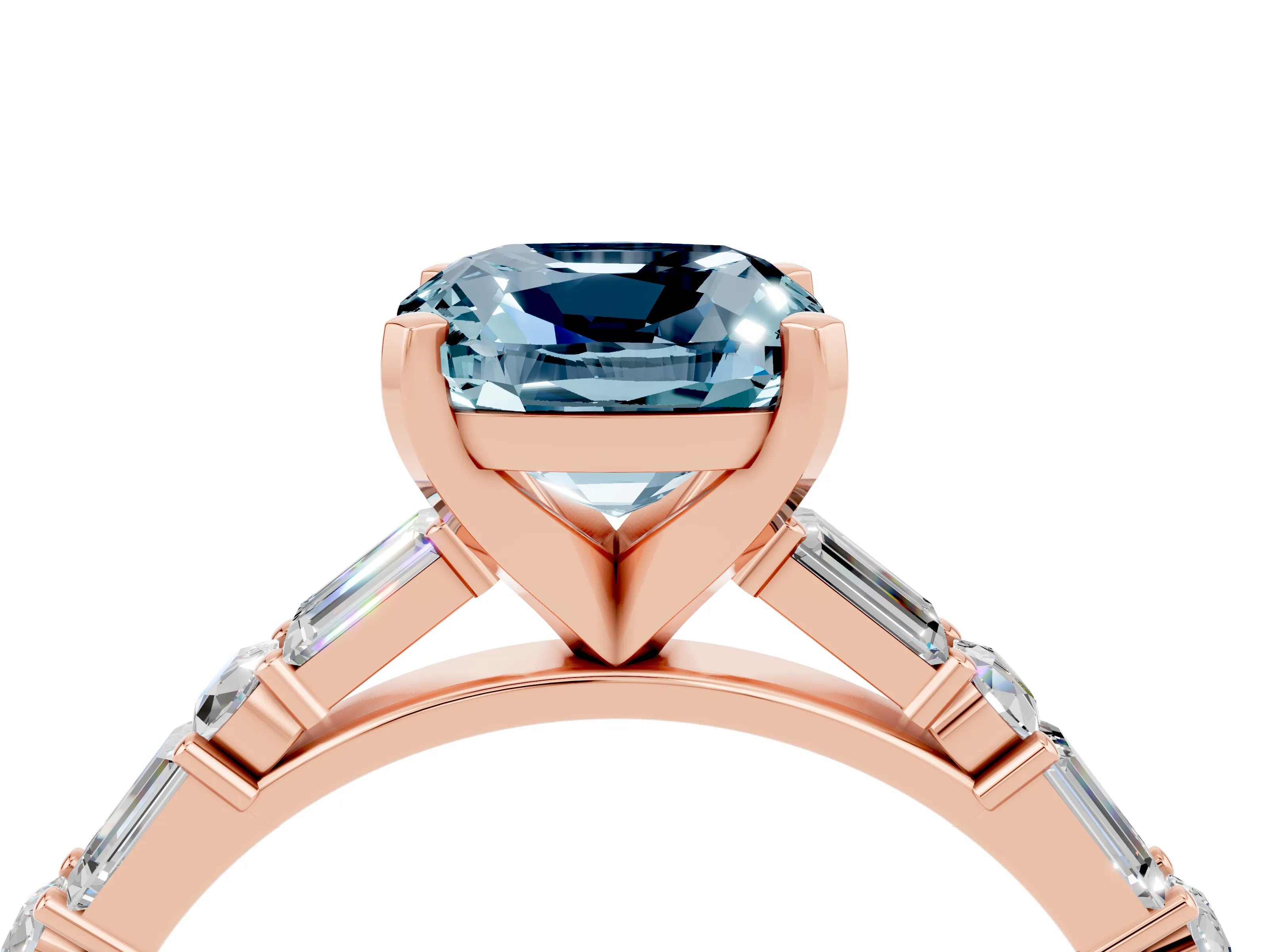 Rose gold Cushion Cut Aquamarine Solitaire with Side Baguettes and Channel Set Band_4