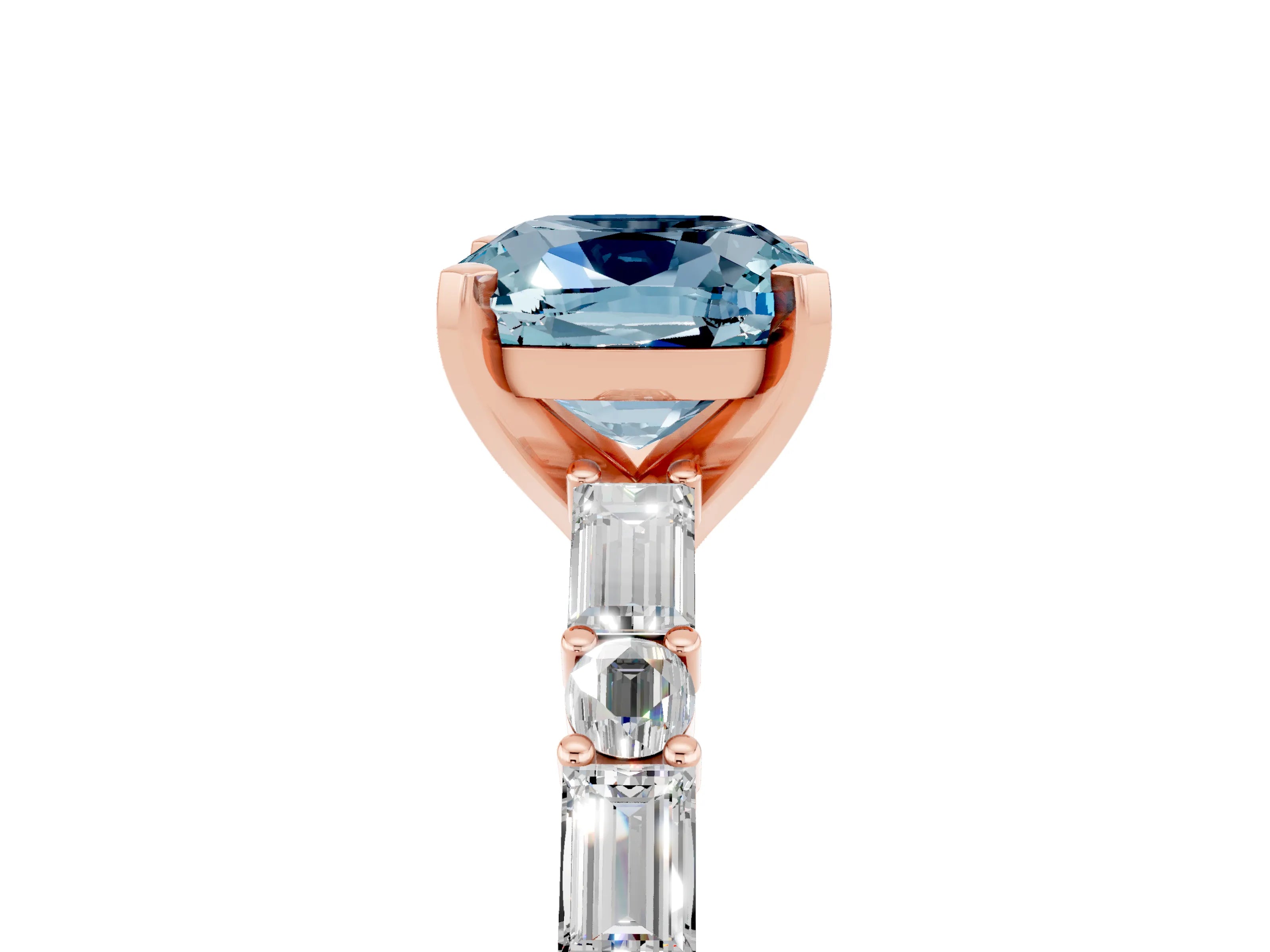 Rose gold Cushion Cut Aquamarine Solitaire with Side Baguettes and Channel Set Band_5
