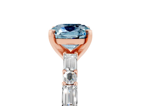 Rose gold Cushion Cut Aquamarine Solitaire with Side Baguettes and Channel Set Band_5