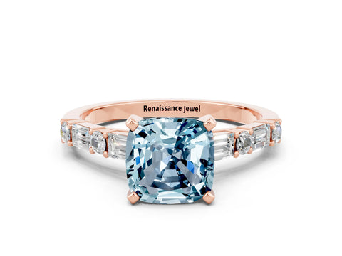 Rose gold Cushion Cut Aquamarine Solitaire with Side Baguettes and Channel Set Band