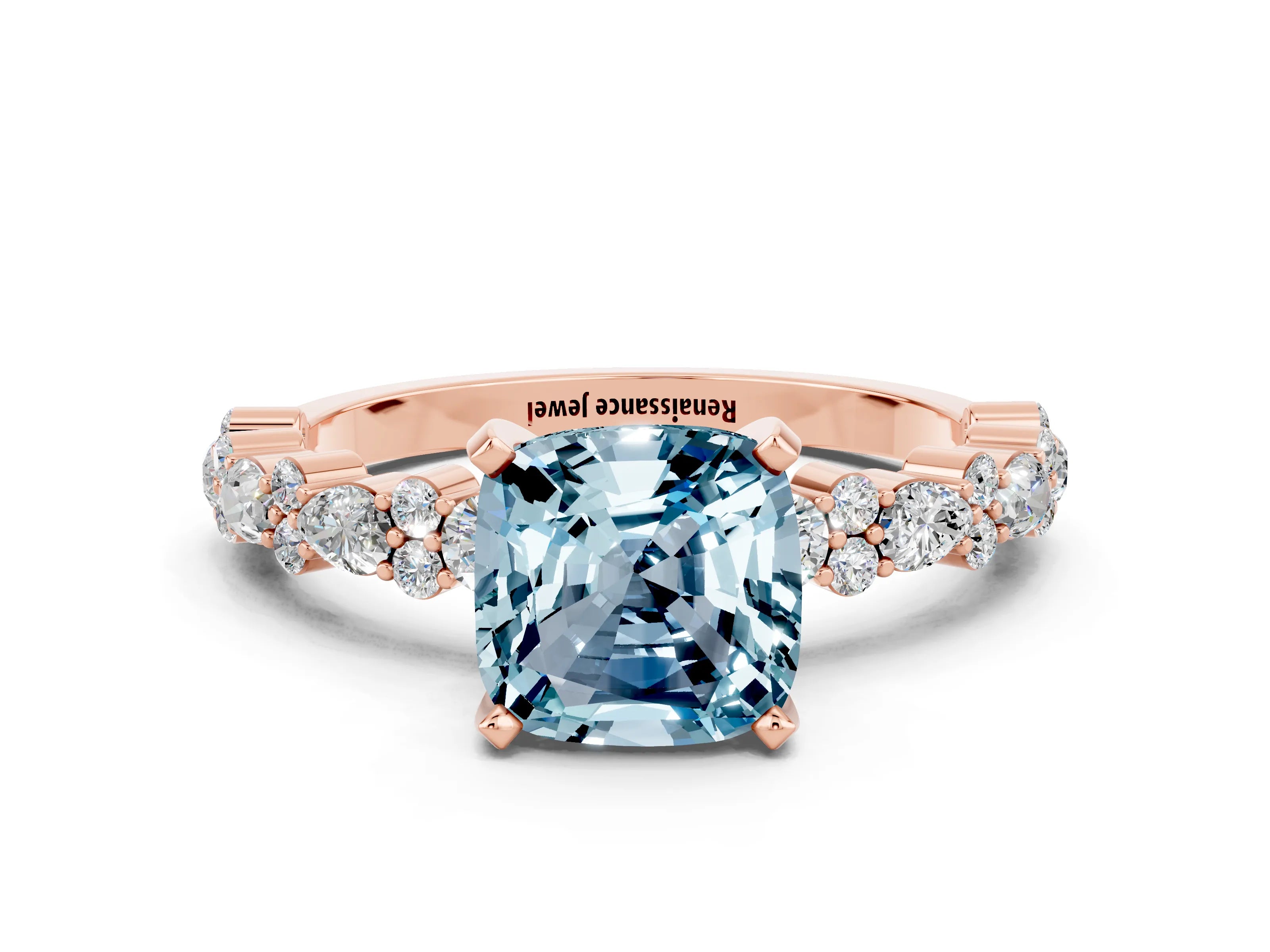 Rose gold Cushion Cut Aquamarine Solitaire with Side Stones, Pave Band, Four-Prong Setting_12