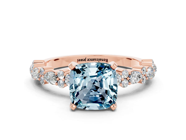Rose gold Cushion Cut Aquamarine Side Stone Solitaire Ring with Round  and Four-Prong Setting