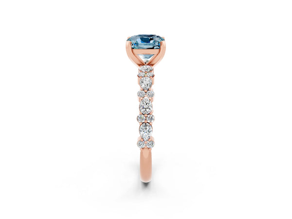 Rose gold Cushion Cut Aquamarine Side Stone Solitaire Ring with Round  and Four-Prong Setting