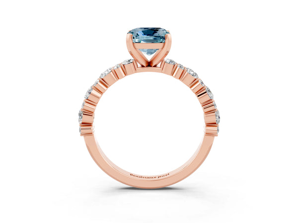 Rose gold Cushion Cut Aquamarine Side Stone Solitaire Ring with Round  and Four-Prong Setting