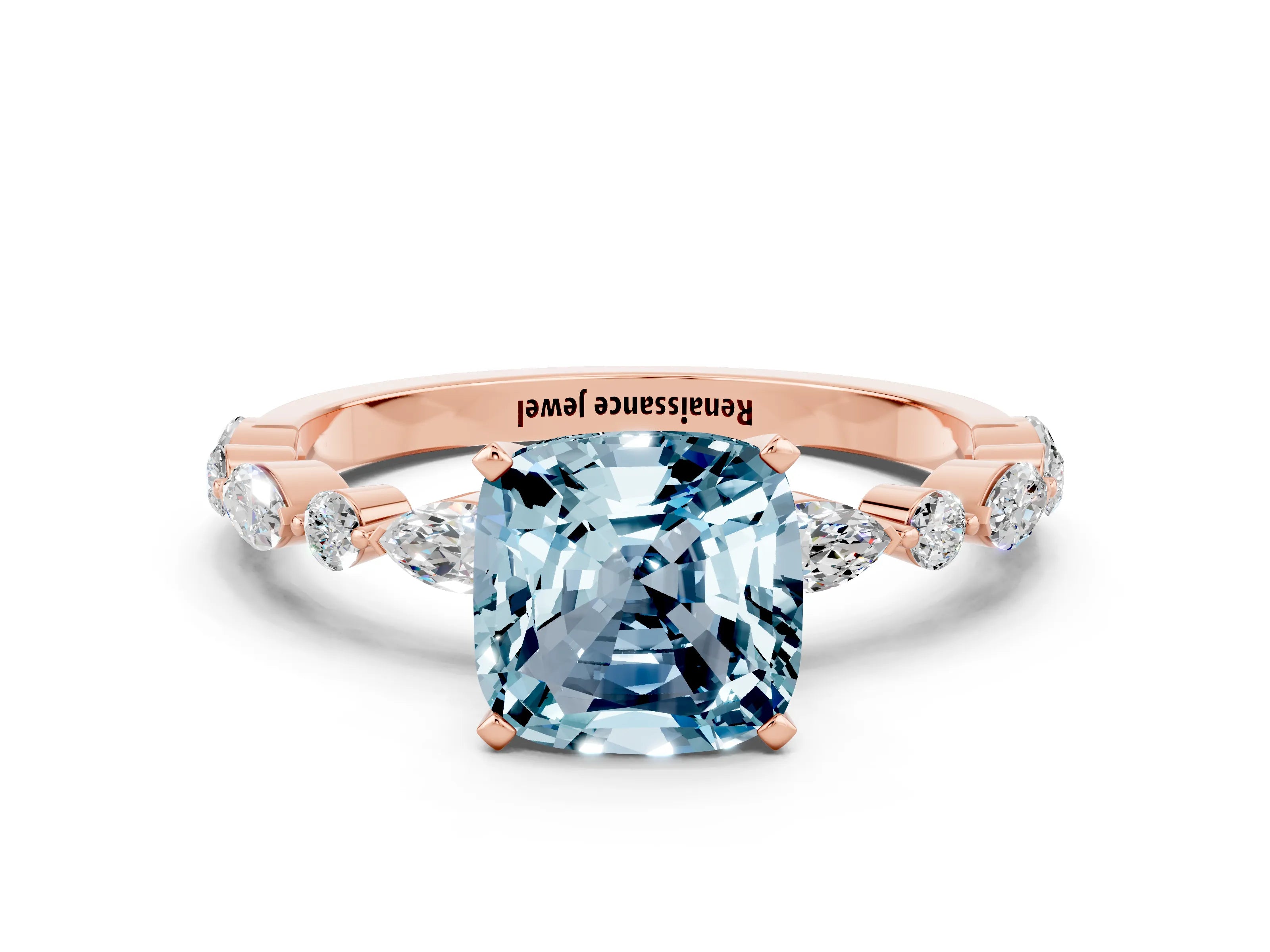 Rose gold Cushion Cut Aquamarine Solitaire with Side Stones on a Pavé Band and Four-Prong Setting