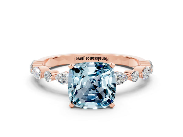 Rose gold Cushion Cut Aquamarine Ring with Marquise and Round  Side Stones and Four-Prong Setting