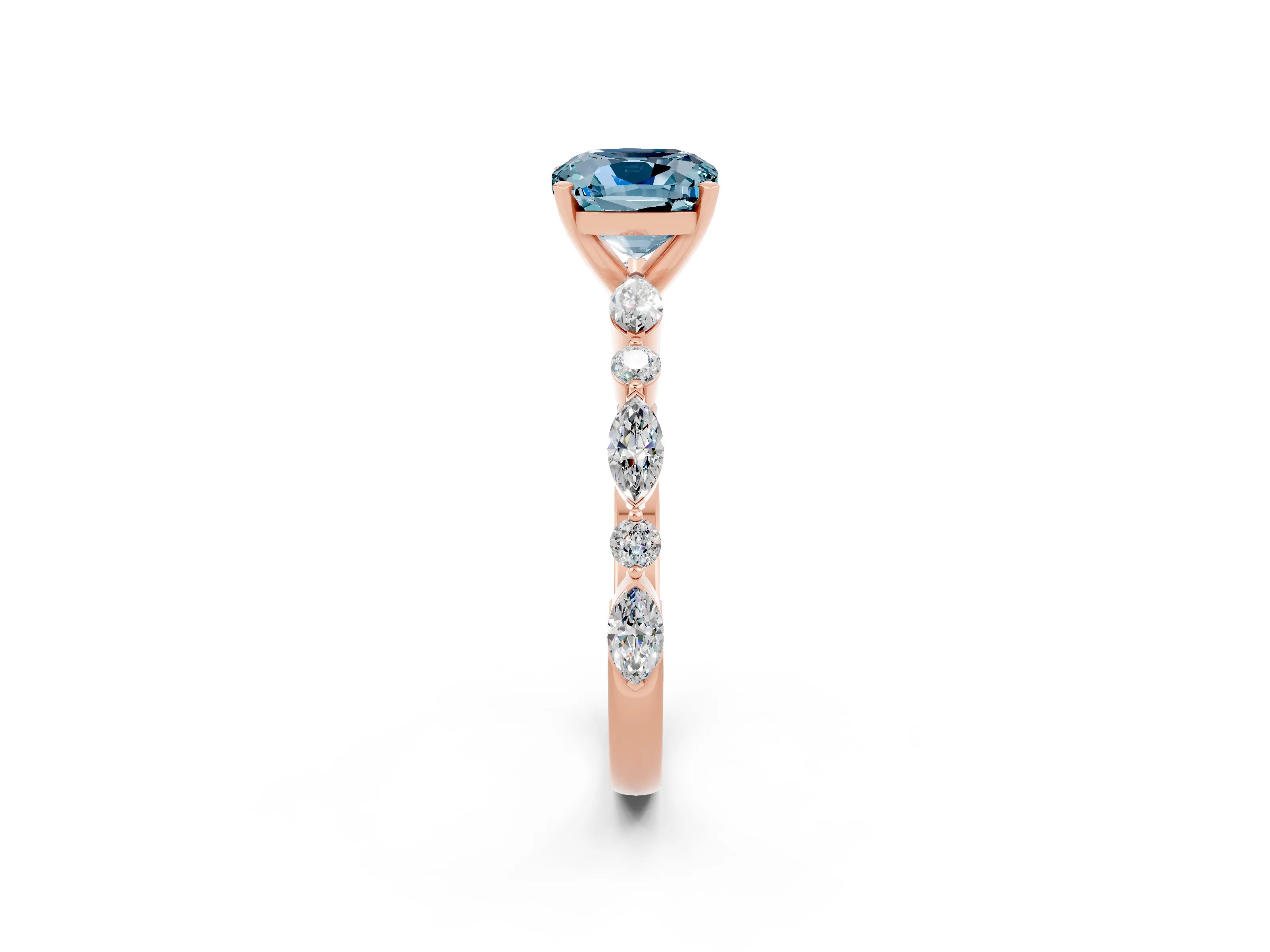 Rose gold Cushion Cut Aquamarine Solitaire with Side Stones on a Pavé Band and Four-Prong Setting_2