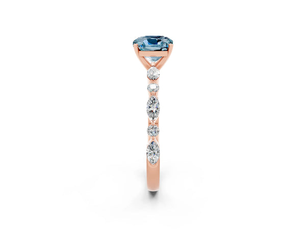 Rose gold Cushion Cut Aquamarine Ring with Marquise and Round  Side Stones and Four-Prong Setting