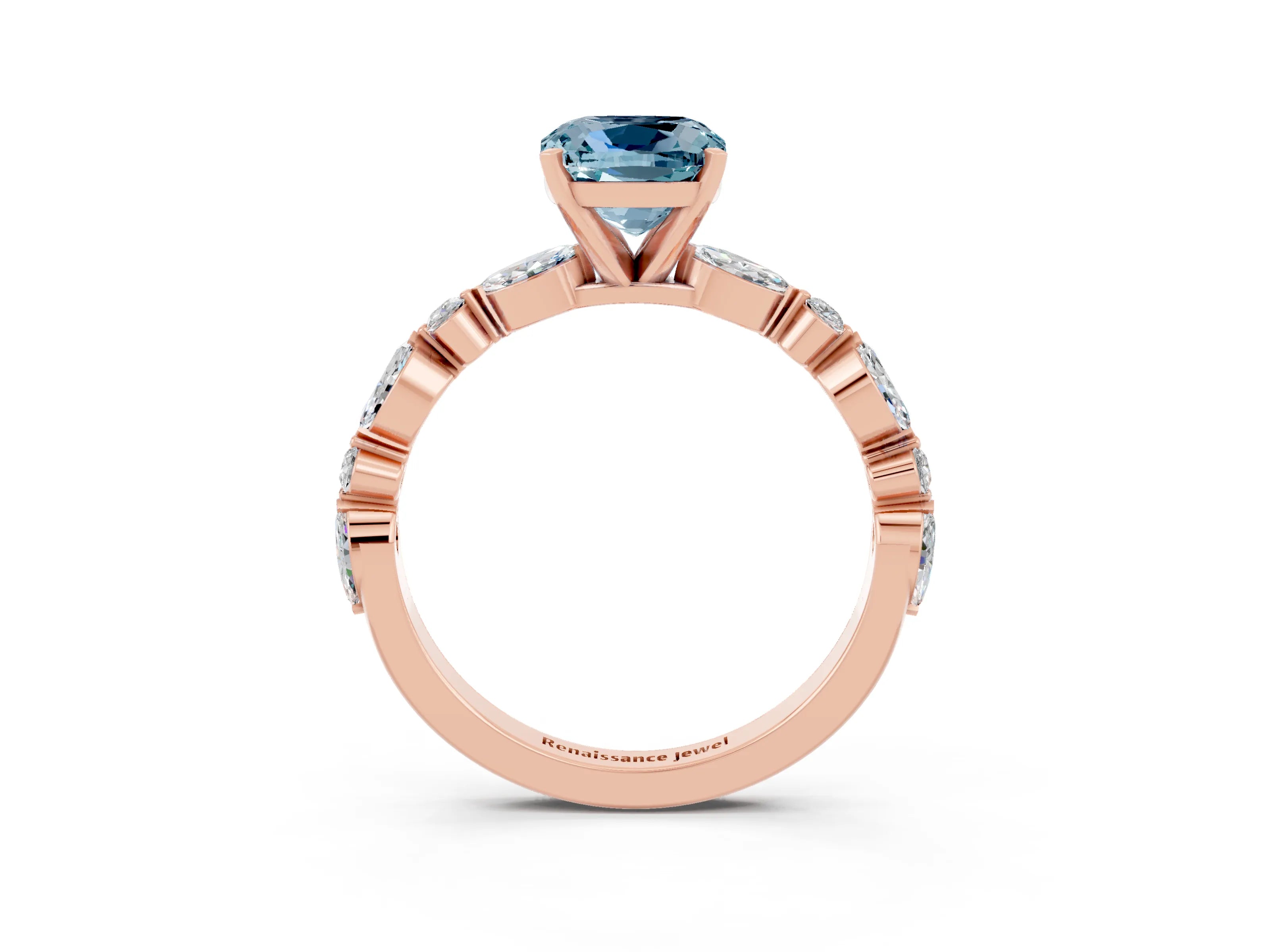 Rose gold Cushion Cut Aquamarine Solitaire with Side Stones on a Pavé Band and Four-Prong Setting_3