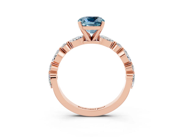 Rose gold Cushion Cut Aquamarine Ring with Marquise and Round  Side Stones and Four-Prong Setting