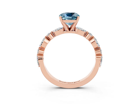 Rose gold Cushion Cut Aquamarine Solitaire with Side Stones on a Pavé Band and Four-Prong Setting_3