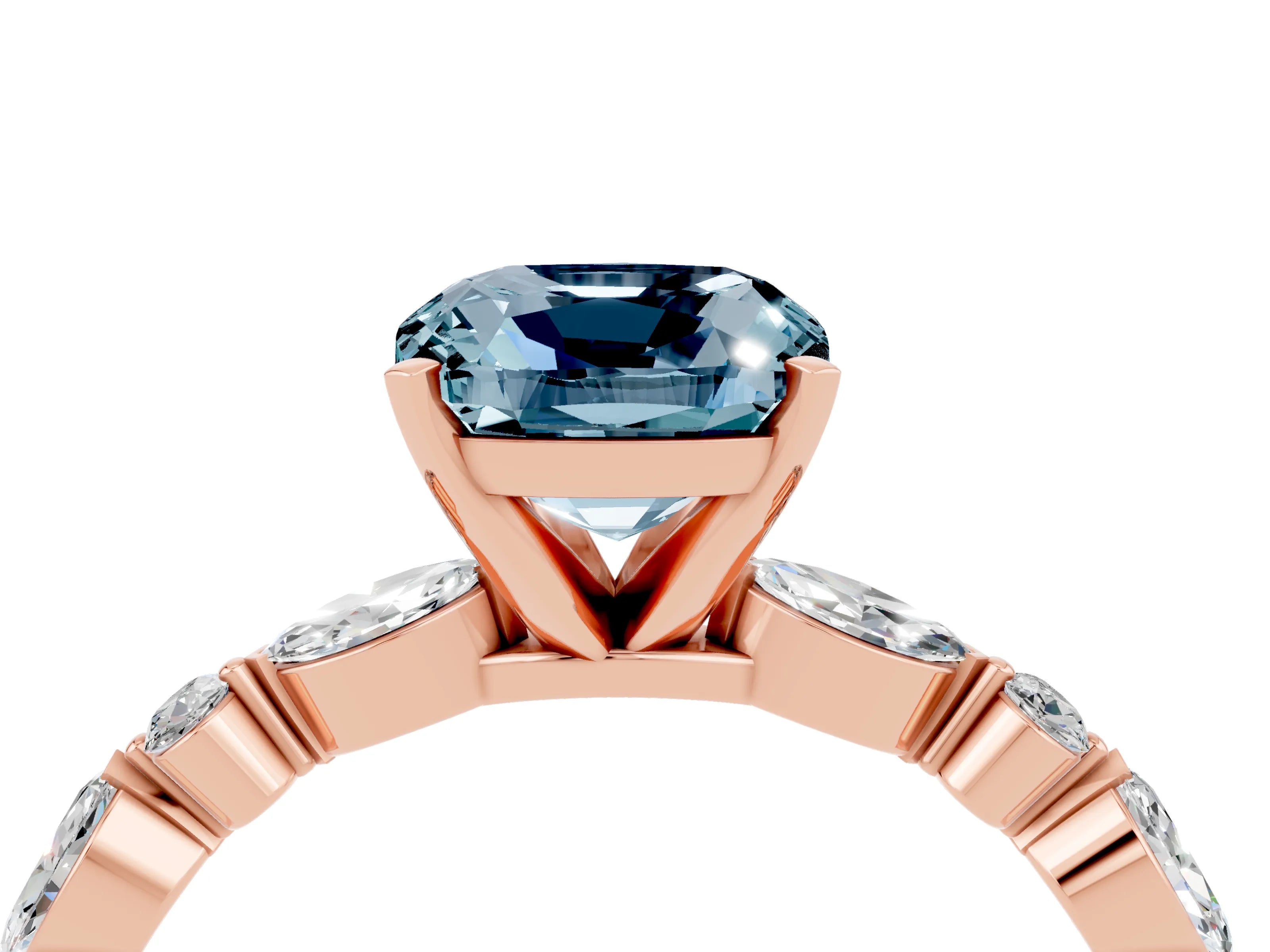 Rose gold Cushion Cut Aquamarine Solitaire with Side Stones on a Pavé Band and Four-Prong Setting_4