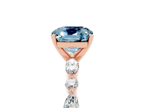 Rose gold Cushion Cut Aquamarine Solitaire with Side Stones on a Pavé Band and Four-Prong Setting_5