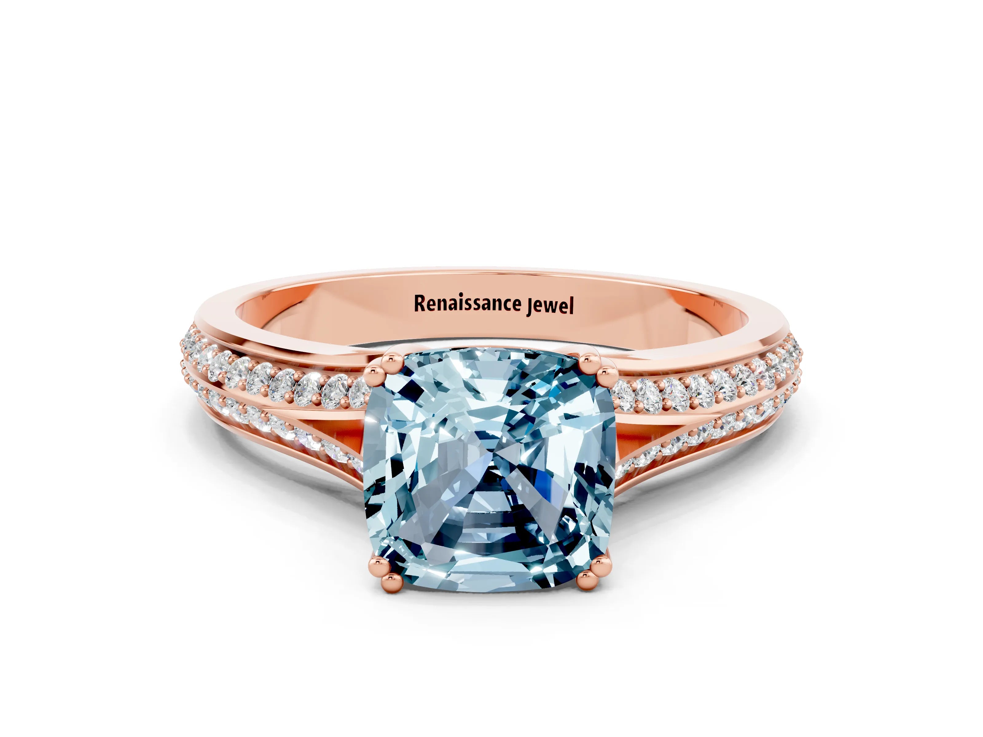 Rose gold Cushion Cut Aquamarine Split Shank Engagement Ring with Pavé Band