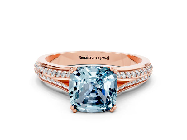 Rose gold Cushion Cut Aquamarine Split Shank Engagement Ring with Pavé Band