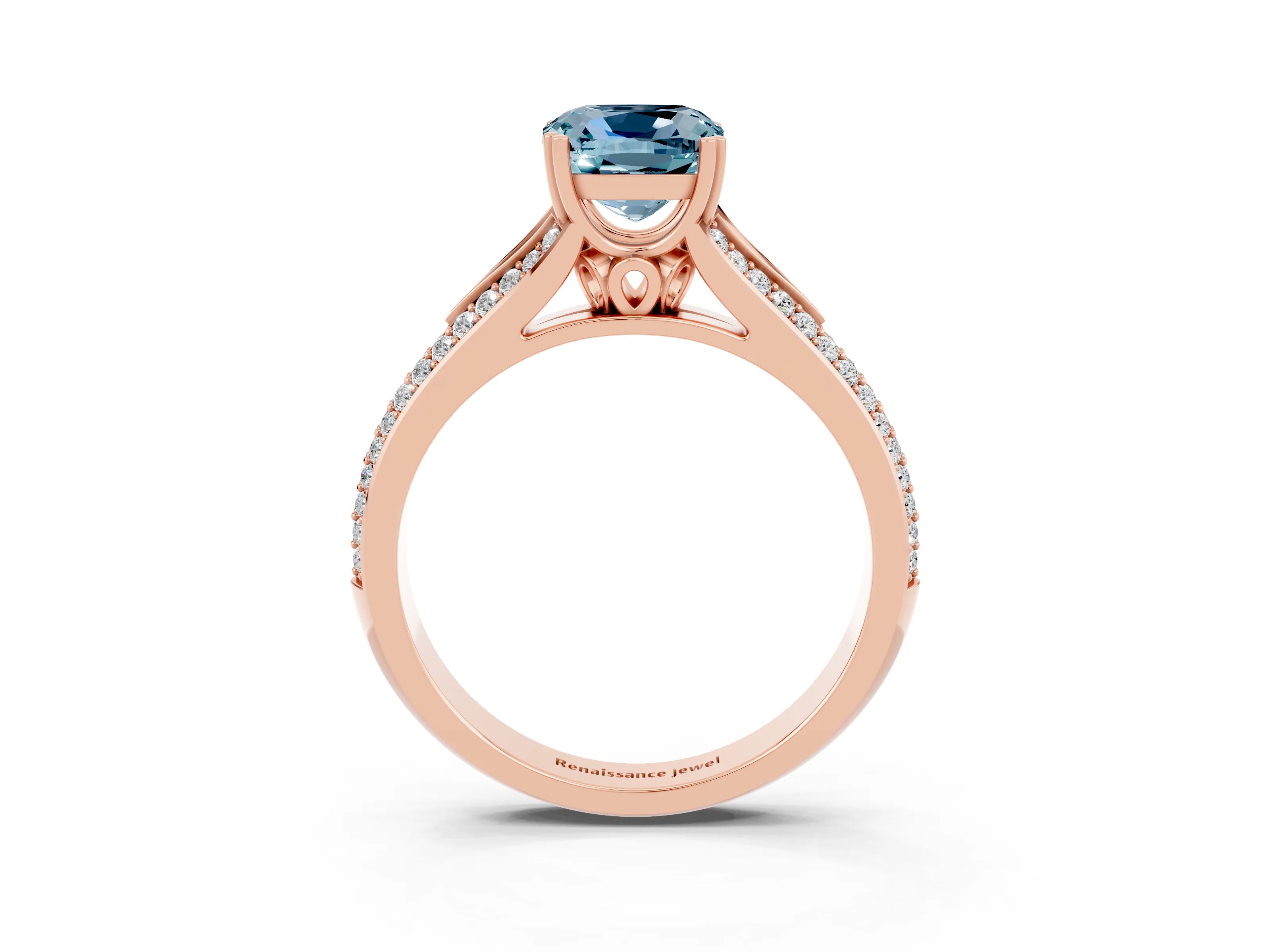 Rose gold Cushion Cut Aquamarine Split Shank Engagement Ring with Pavé Band_3