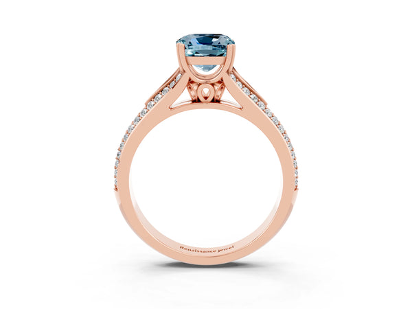 Rose gold Cushion Cut Aquamarine Split Shank Engagement Ring with Pavé Band