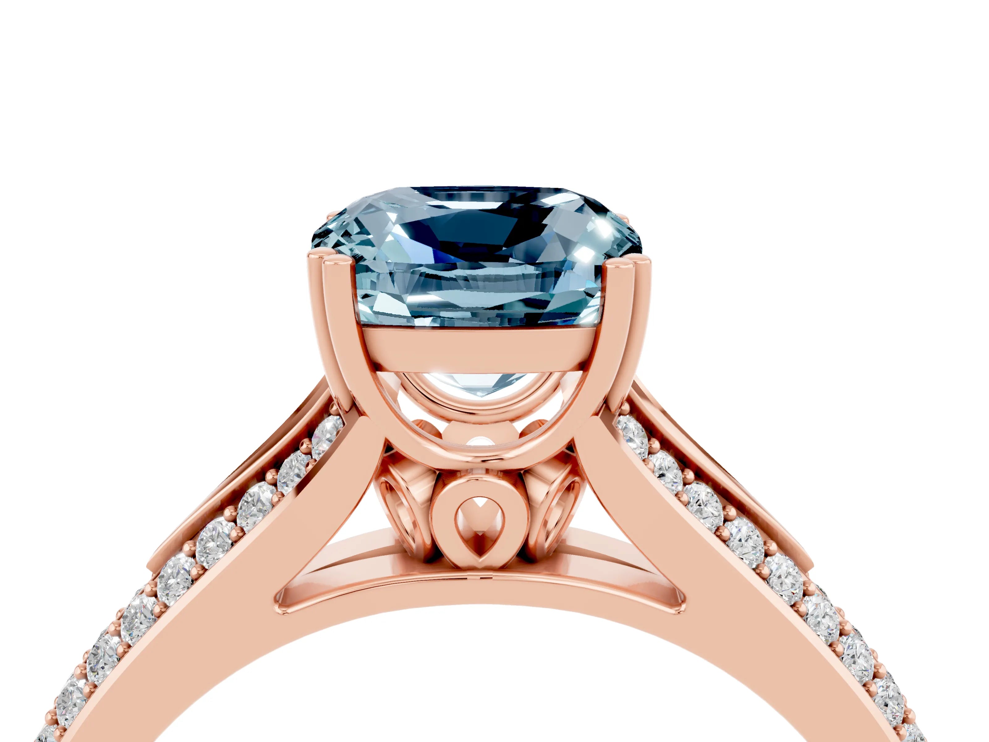 Rose gold Cushion Cut Aquamarine Split Shank Engagement Ring with Pavé Band_4